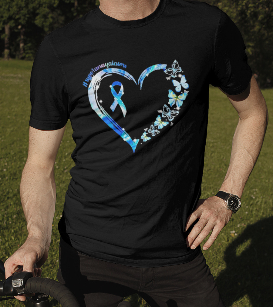 Type1Namayalars Diabetes Awareness Heart With Blue Ribbon And Butterflies T-Shirt