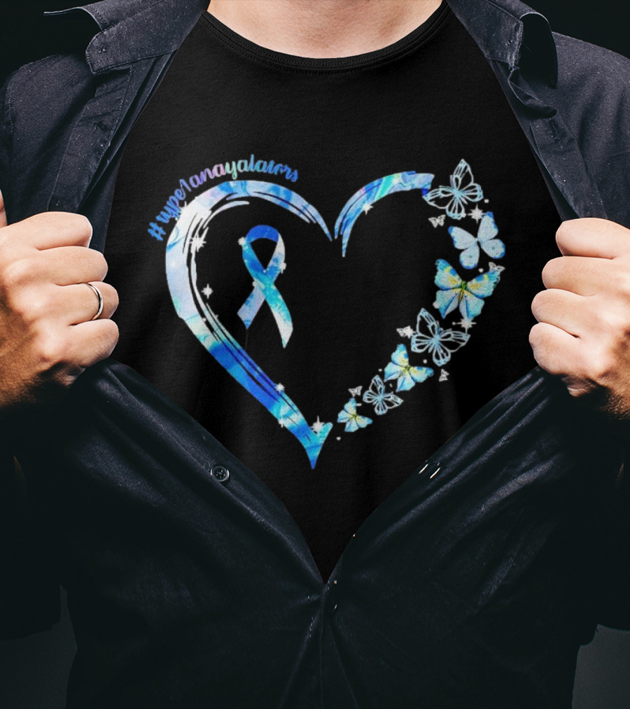 Type1Namayalars Diabetes Awareness Heart With Blue Ribbon And Butterflies T-Shirt