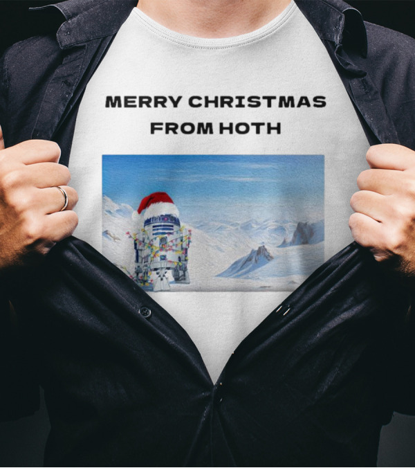 R2-D2 Merry Christmas From Hoth Santa Hat Lights Snowy Scene T-Shirt