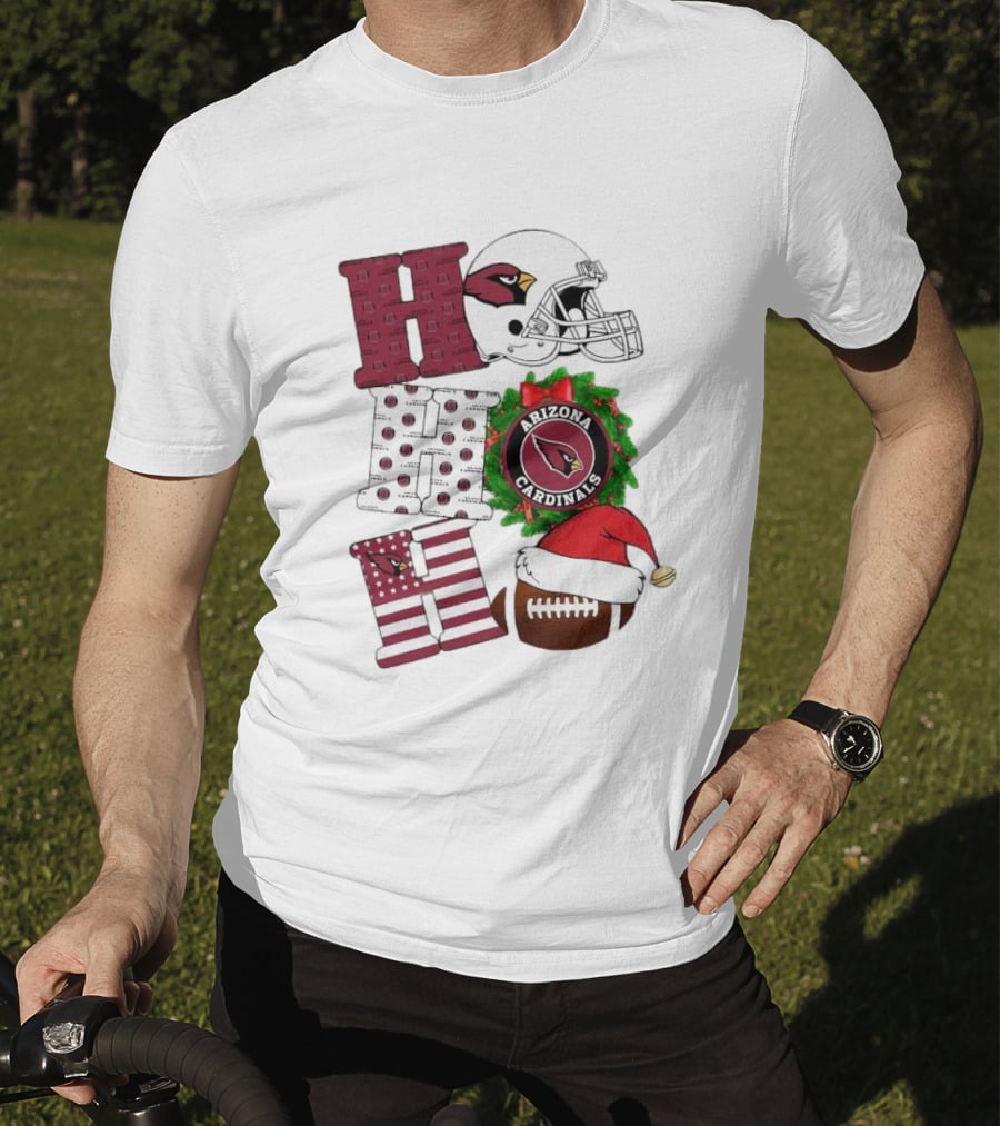 Arizona Cardinals Helmet Wreath Football Ho Ho Ho Merry Christmas T-Shirt