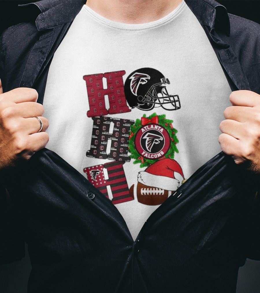 Atlanta Falcons Ho Ho Ho Merry Christmas Football Helmet Wreath Santa Hat T-Shirt