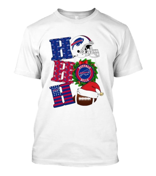 Buffalo Bills Helmet Wreath Football Santa Hat Ho Ho Ho Merry Christmas T-Shirt