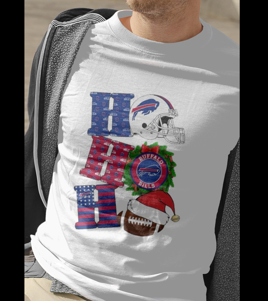 Buffalo Bills Helmet Wreath Football Santa Hat Ho Ho Ho Merry Christmas T-Shirt