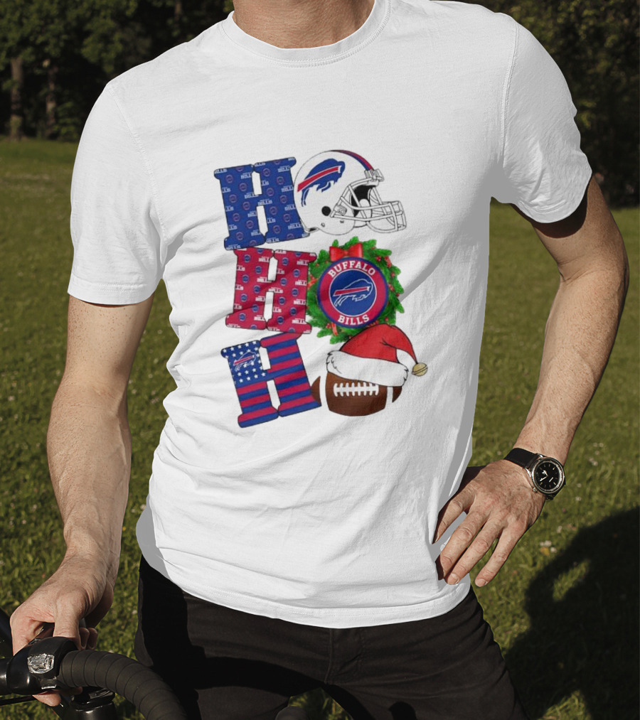 Buffalo Bills Helmet Wreath Football Santa Hat Ho Ho Ho Merry Christmas T-Shirt