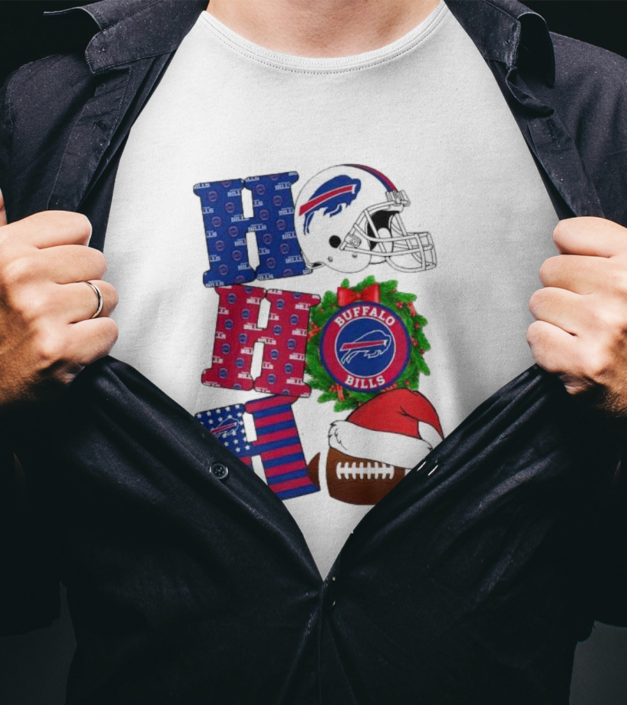 Buffalo Bills Helmet Wreath Football Santa Hat Ho Ho Ho Merry Christmas T-Shirt