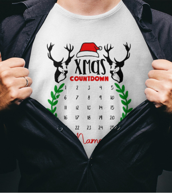 Xmas Countdown Calendar Name Custom Santa Hat Deer Antlers T-Shirt
