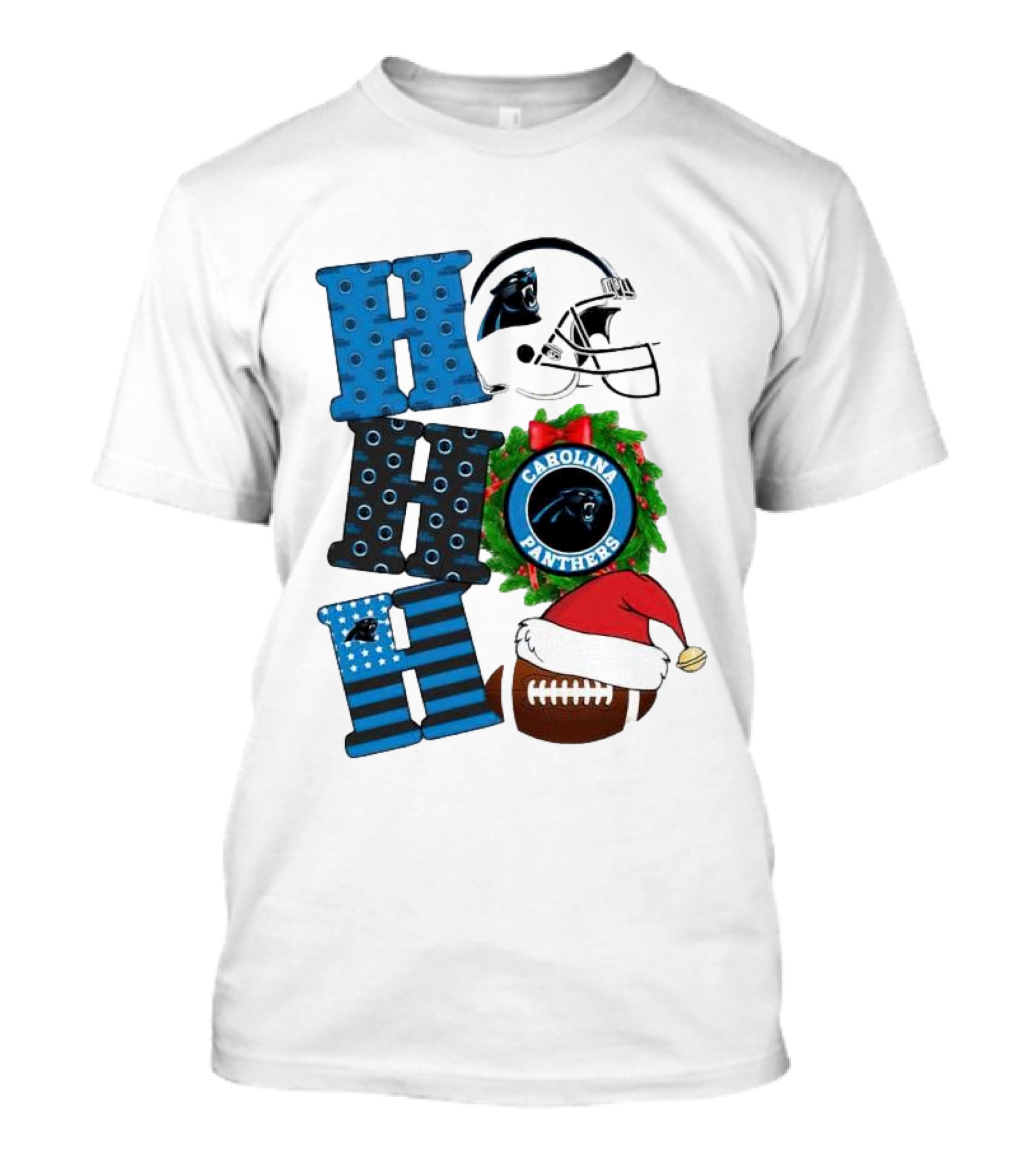 Carolina Panthers Ho Ho Ho Merry Christmas Football Helmet Wreath Santa Hat T-Shirt