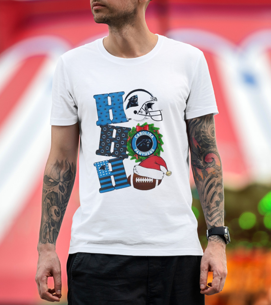 Carolina Panthers Ho Ho Ho Merry Christmas Football Helmet Wreath Santa Hat T-Shirt