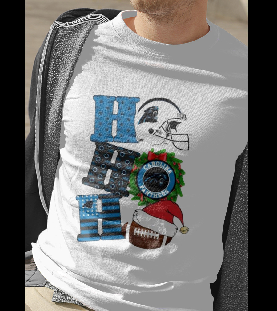 Carolina Panthers Ho Ho Ho Merry Christmas Football Helmet Wreath Santa Hat T-Shirt