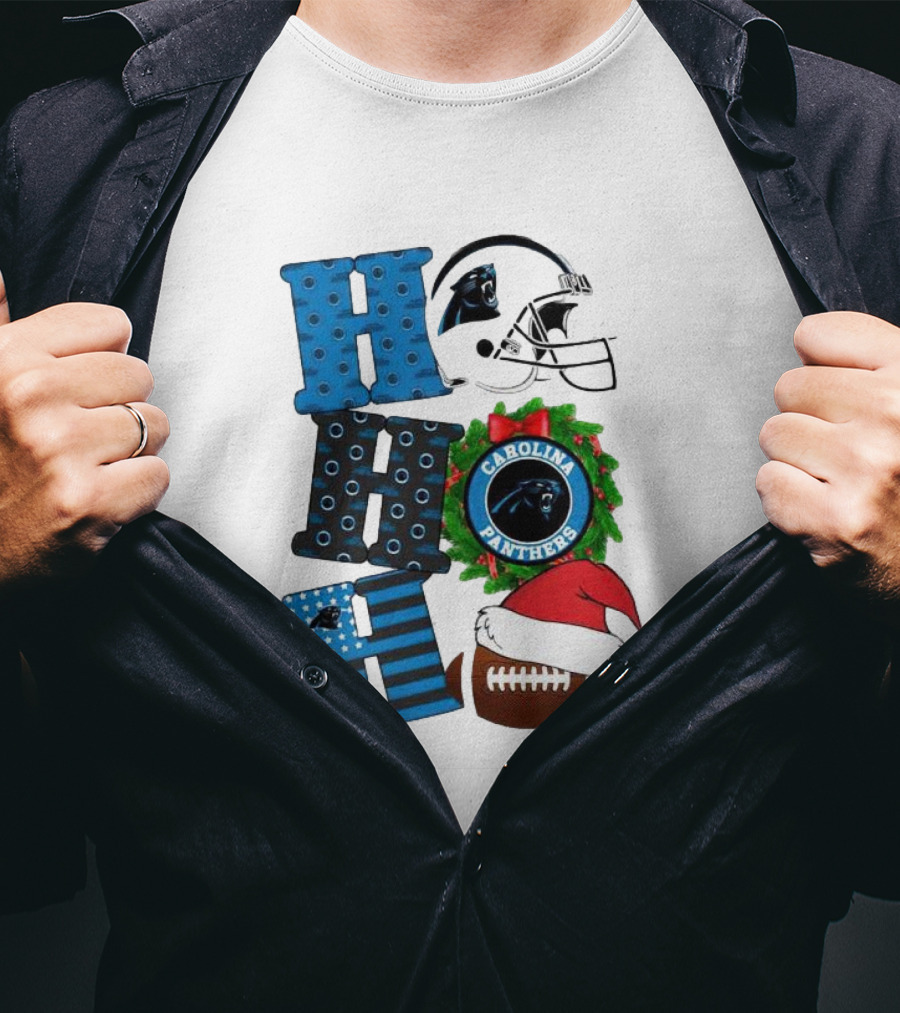 Carolina Panthers Ho Ho Ho Merry Christmas Football Helmet Wreath Santa Hat T-Shirt