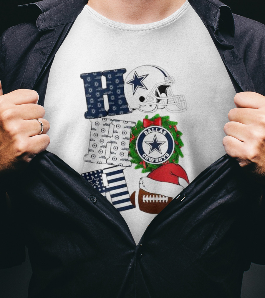 Dallas Cowboys Helmet Wreath Football Christmas Ho Ho Ho Merry Christmas T-Shirt