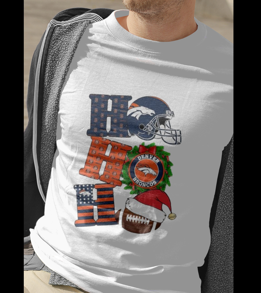 Denver Broncos Ho Ho Ho Merry Christmas Football Helmet Wreath Santa Hat Holiday T-Shirt