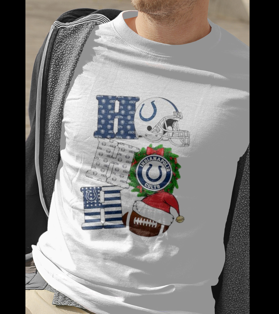 Indianapolis Colts Ho Ho Ho Merry Christmas Football Festive Logo Helmet Wreath Santa Hat T-Shirt
