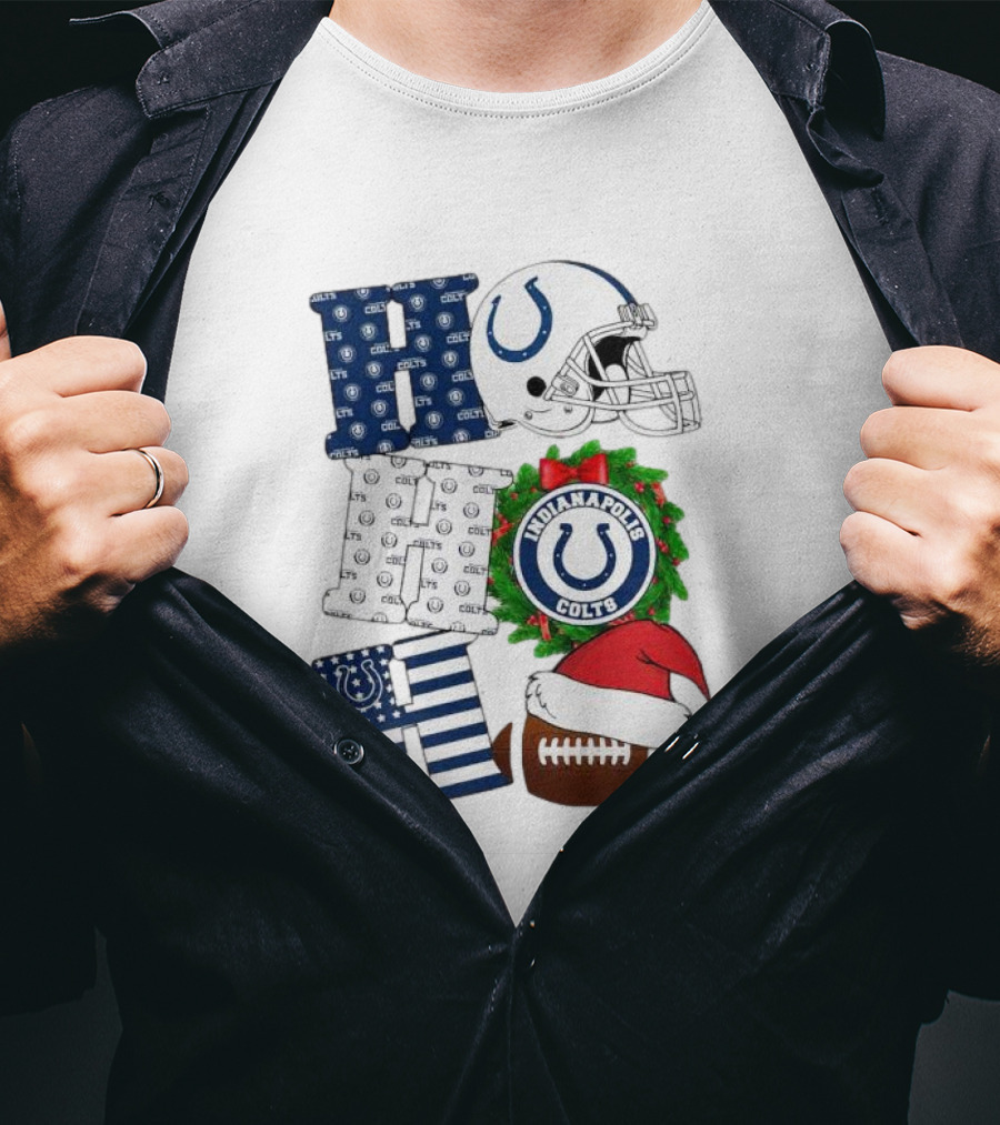 Indianapolis Colts Ho Ho Ho Merry Christmas Football Festive Logo Helmet Wreath Santa Hat T-Shirt