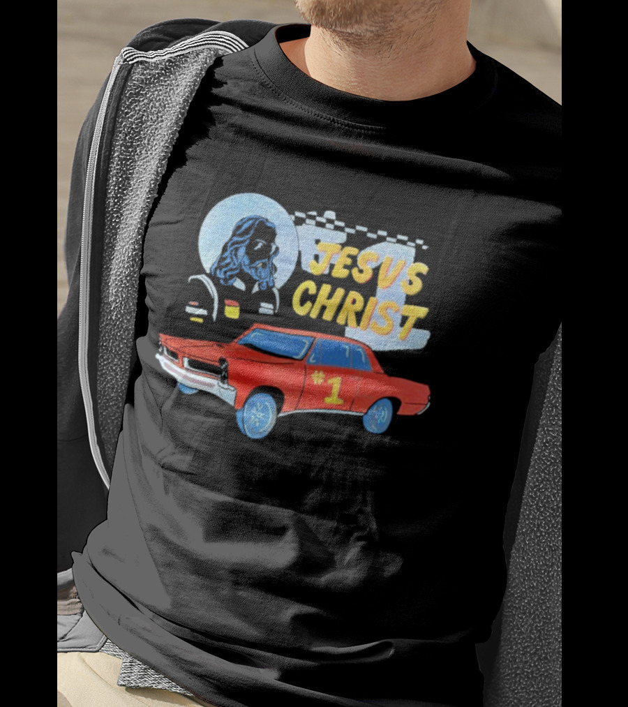 Jesus Christ Racing Champion With Red Car And Checkered Flag T-Shirt