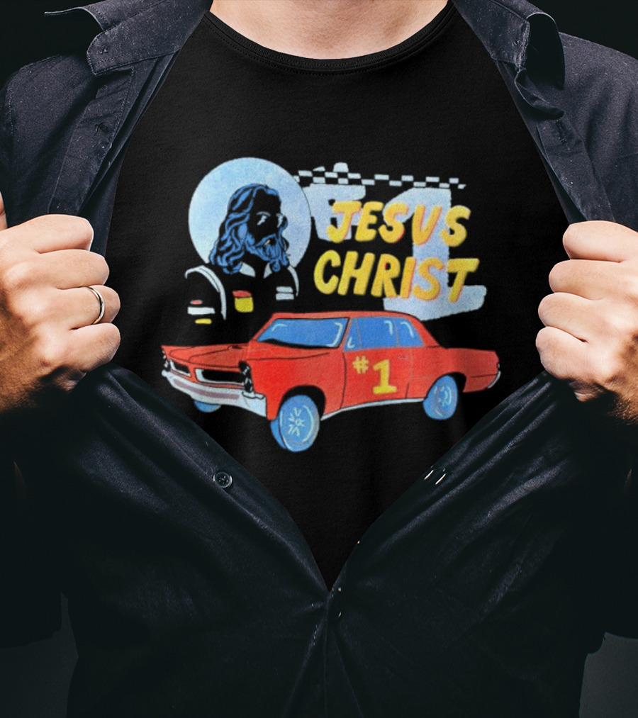 Jesus Christ Racing Champion With Red Car And Checkered Flag T-Shirt