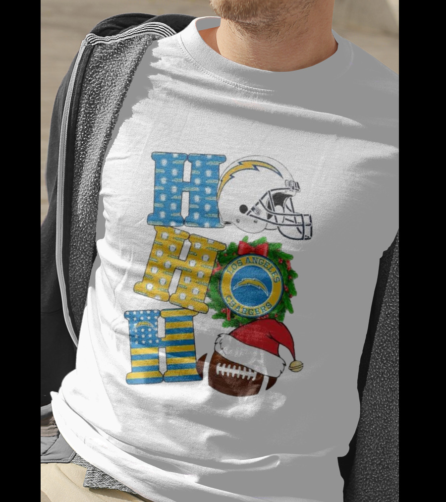 Los Angeles Chargers Ho Ho Ho Merry Christmas Wreath Helmet Football Santa Hat Featured T-Shirt