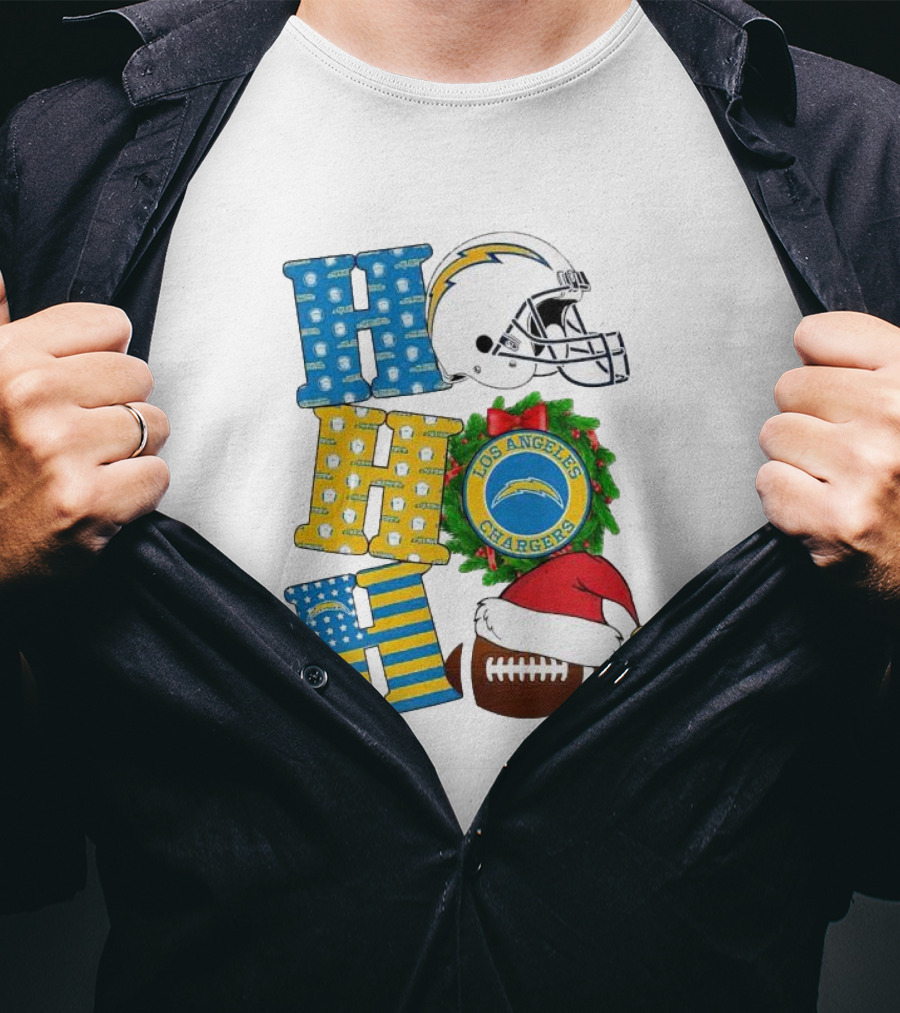 Los Angeles Chargers Ho Ho Ho Merry Christmas Wreath Helmet Football Santa Hat Featured T-Shirt
