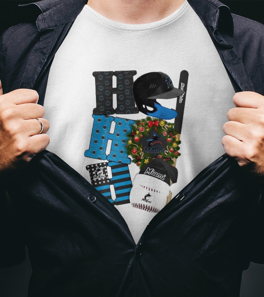 Miami Marlins Ho Ho Ho Merry Christmas Baseball Wreath Socks Helmet Batcap T-Shirt