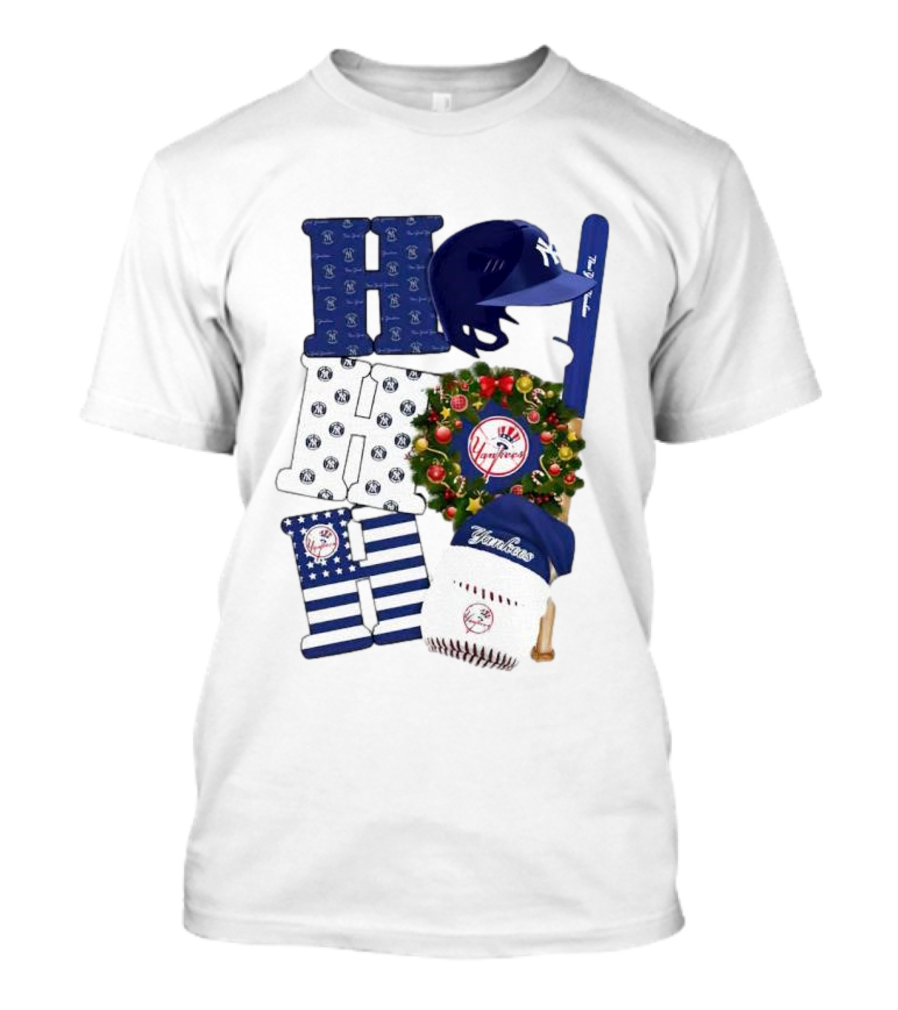 New York Yankees Ho Ho Ho Merry Christmas Yankees Caps Wreath Baseball Bat T-Shirt