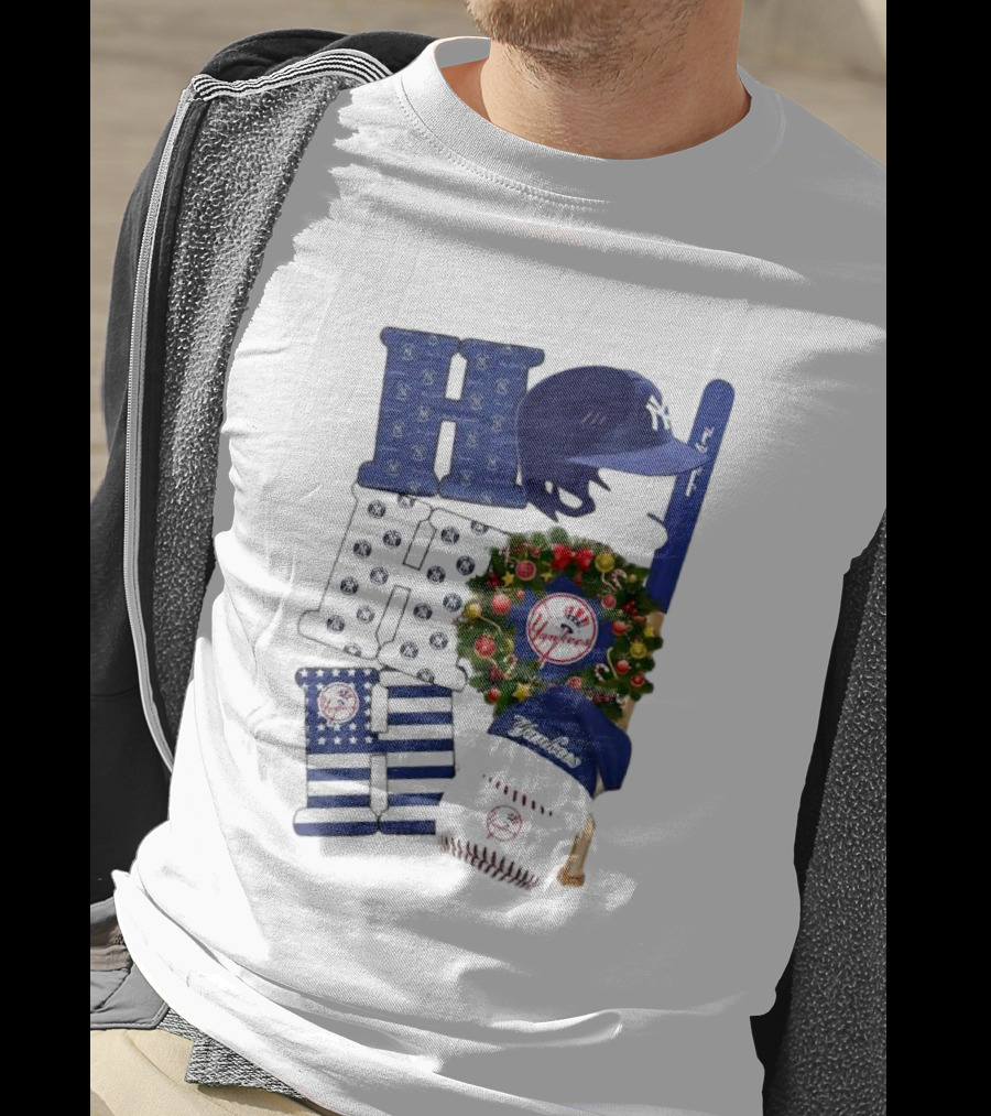 New York Yankees Ho Ho Ho Merry Christmas Yankees Caps Wreath Baseball Bat T-Shirt