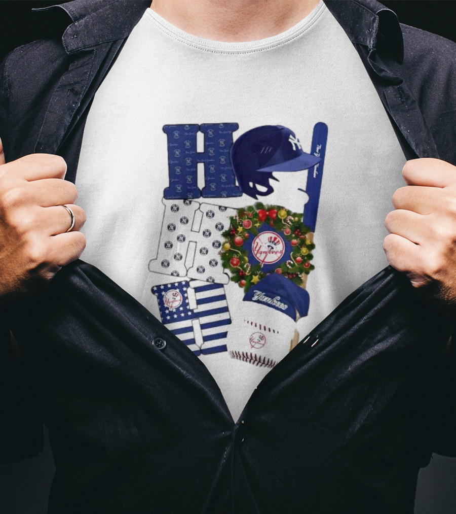 New York Yankees Ho Ho Ho Merry Christmas Yankees Caps Wreath Baseball Bat T-Shirt