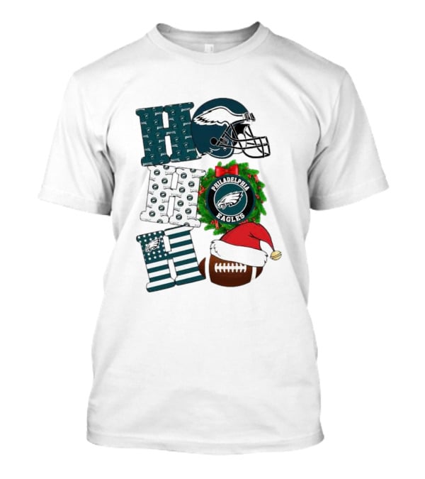 Philadelphia Eagles Ho Ho Ho Merry Christmas Football Helmet Wreath Santa Hat T-Shirt