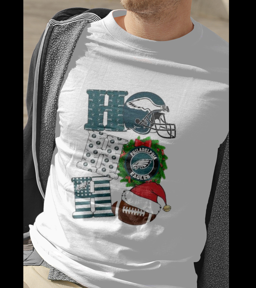 Philadelphia Eagles Ho Ho Ho Merry Christmas Football Helmet Wreath Santa Hat T-Shirt