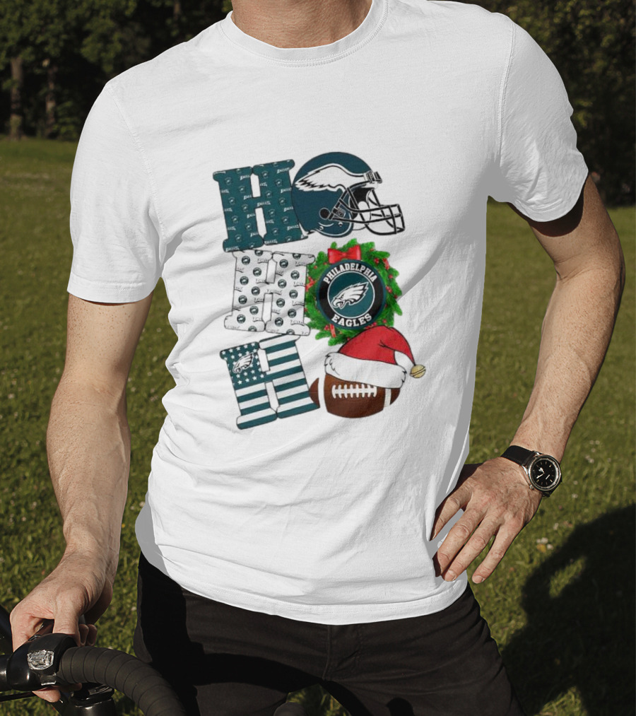 Philadelphia Eagles Ho Ho Ho Merry Christmas Football Helmet Wreath Santa Hat T-Shirt