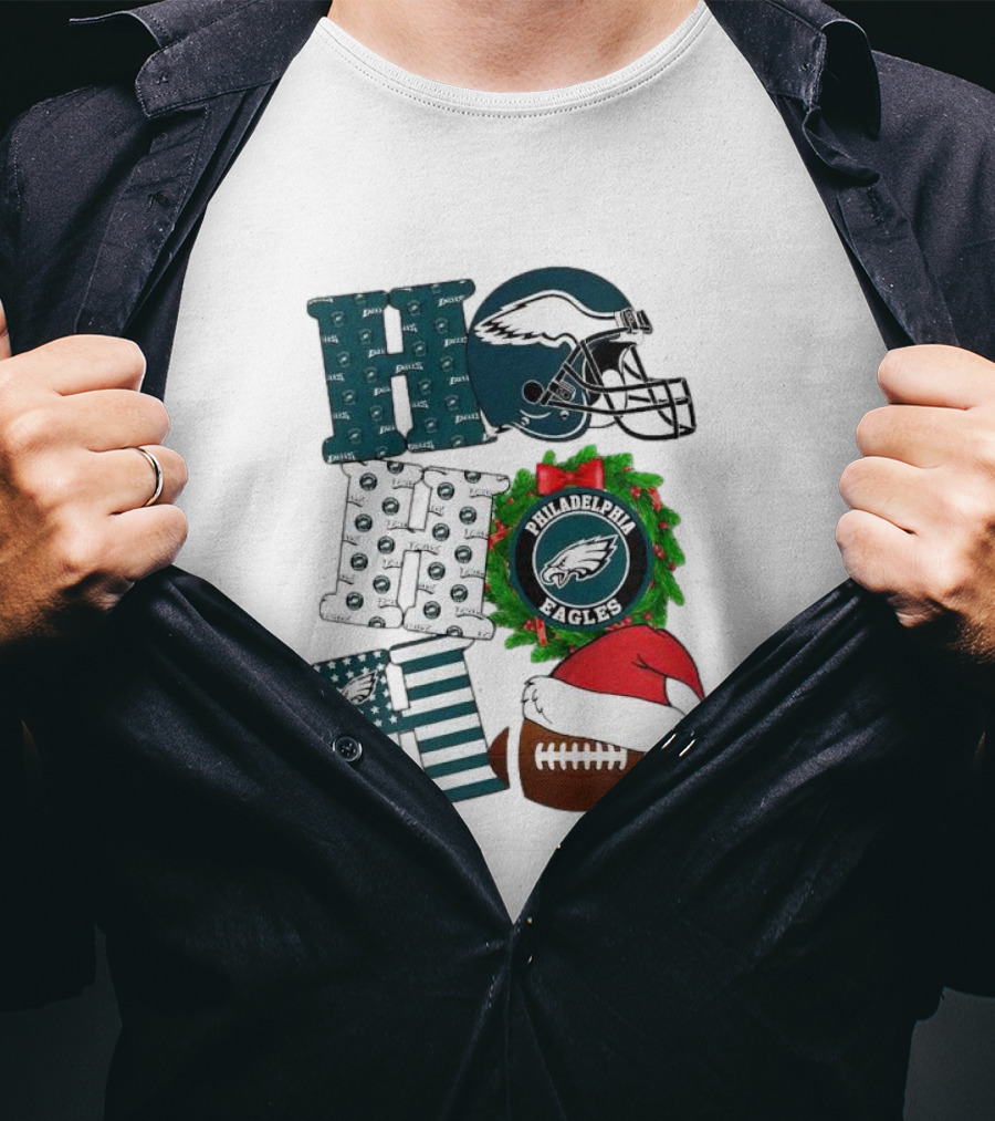 Philadelphia Eagles Ho Ho Ho Merry Christmas Football Helmet Wreath Santa Hat T-Shirt