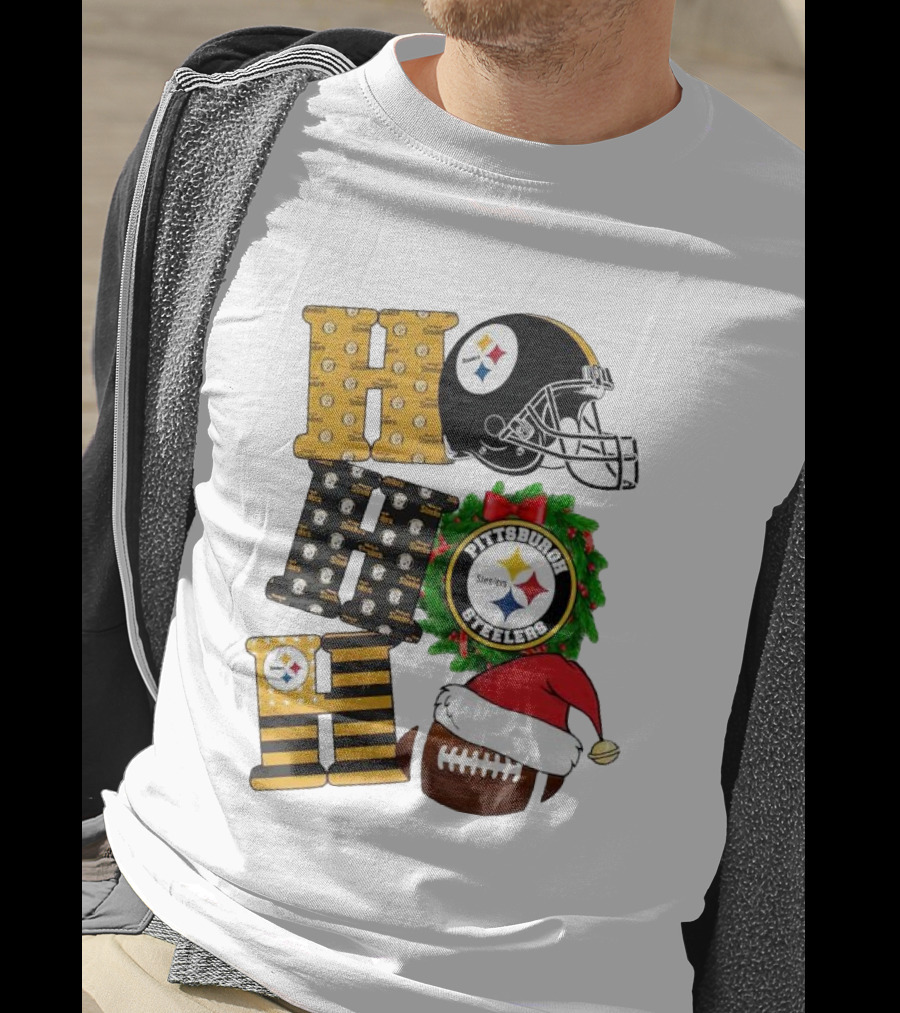 Pittsburgh Steelers Ho Ho Ho Merry Christmas Football Helmet Wreath Santa Hat T-Shirt