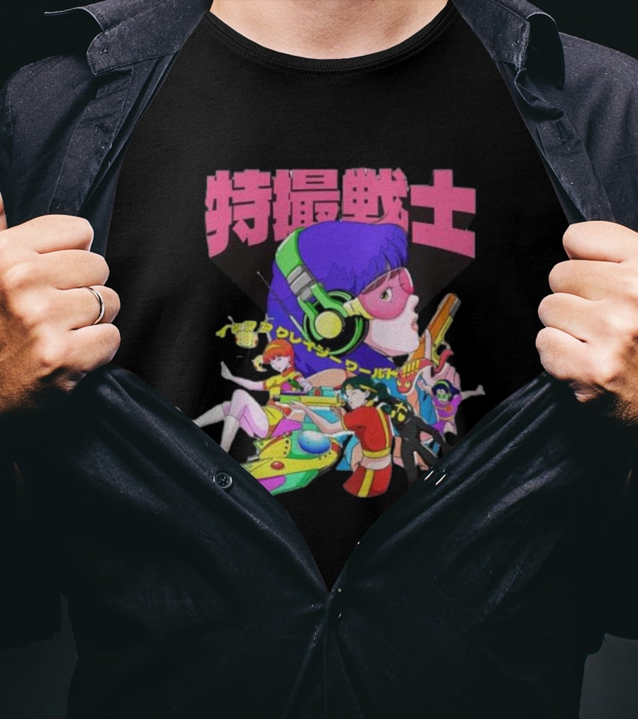 Popkiller Tokusatsu Senshi Retro Anime Heroes Japanese Text Neon T-Shirt