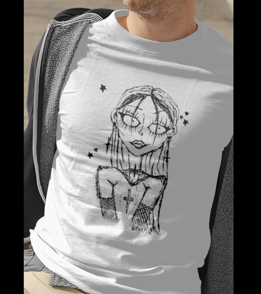 Cream Sketch Bronnie Gothic Character With Cross And Stars T-Shirt