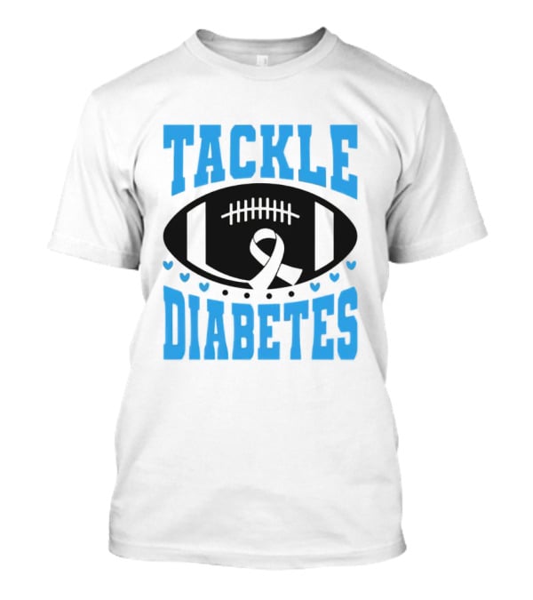 Tackle Diabetes Awareness Football Design With Blue Ribbon And Hearts T-Shirt