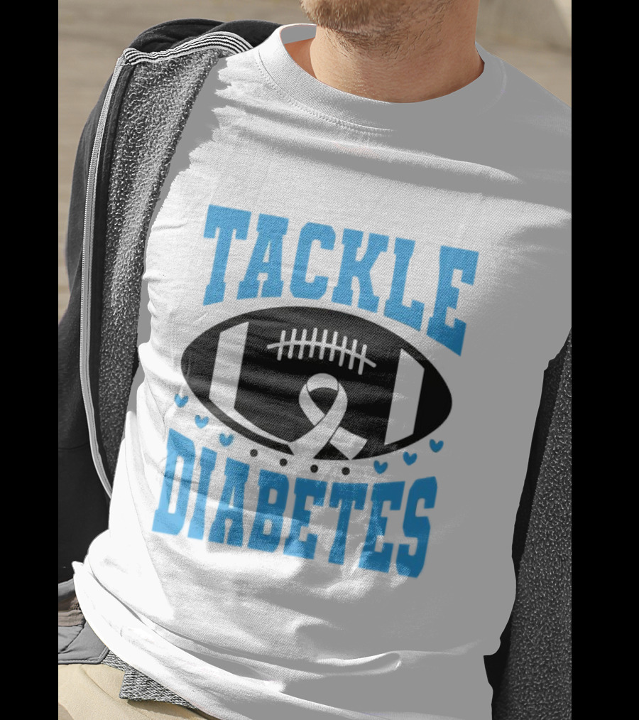 Tackle Diabetes Awareness Football Design With Blue Ribbon And Hearts T-Shirt