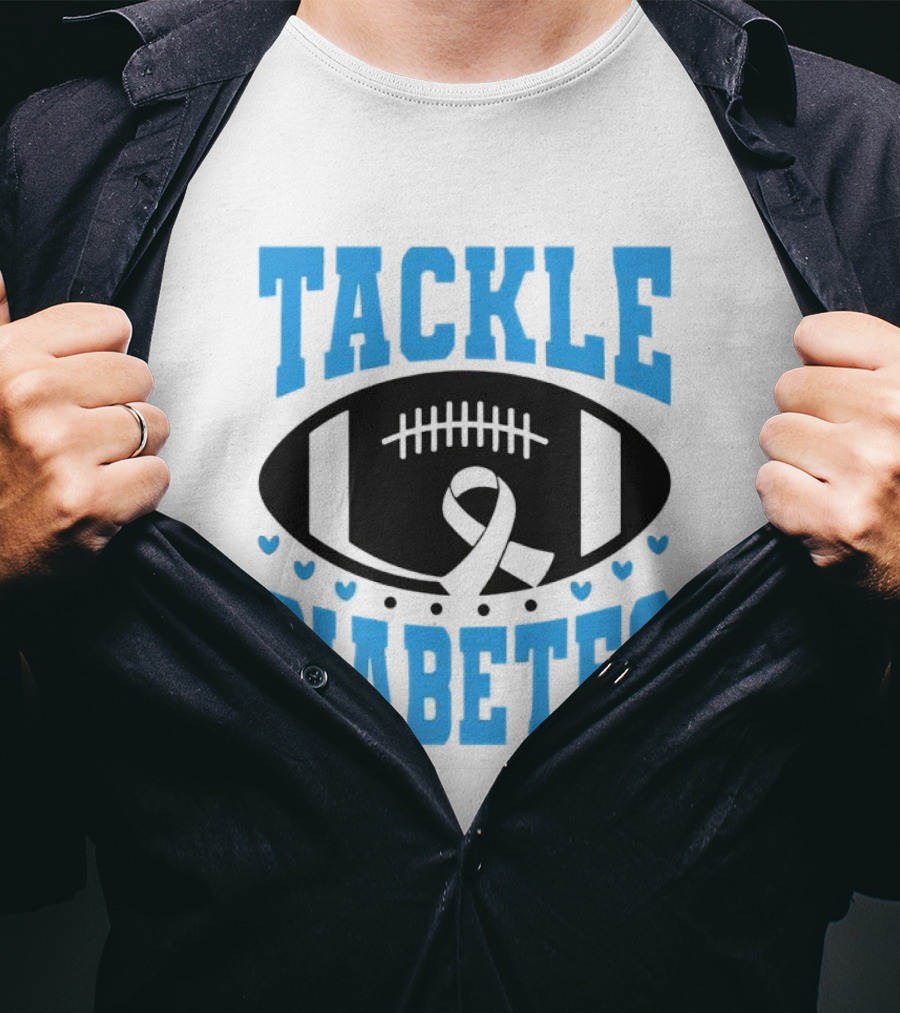 Tackle Diabetes Awareness Football Design With Blue Ribbon And Hearts T-Shirt