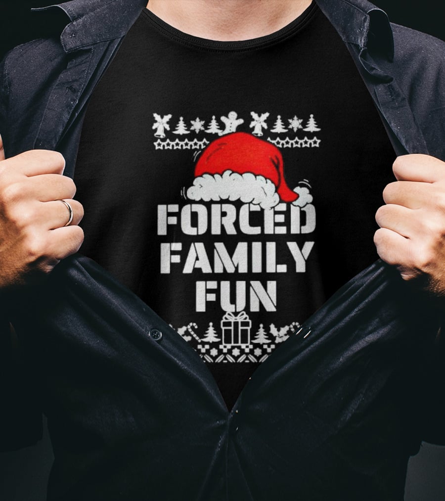 Forced Family Fun Christmas Santa Hat Trees Presents T-Shirt