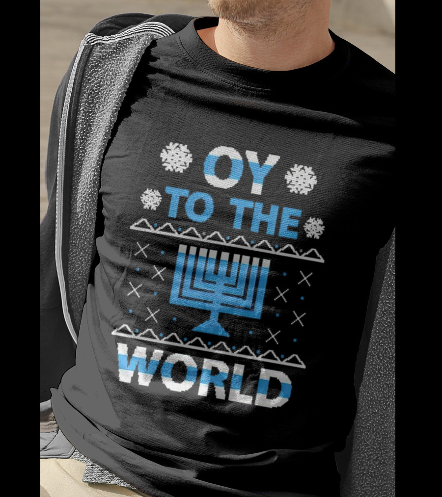 Oy To The World Happy Hanukkah Menorah Snowflakes T-Shirt