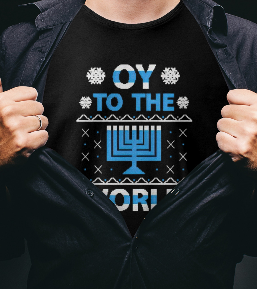 Oy To The World Happy Hanukkah Menorah Snowflakes T-Shirt