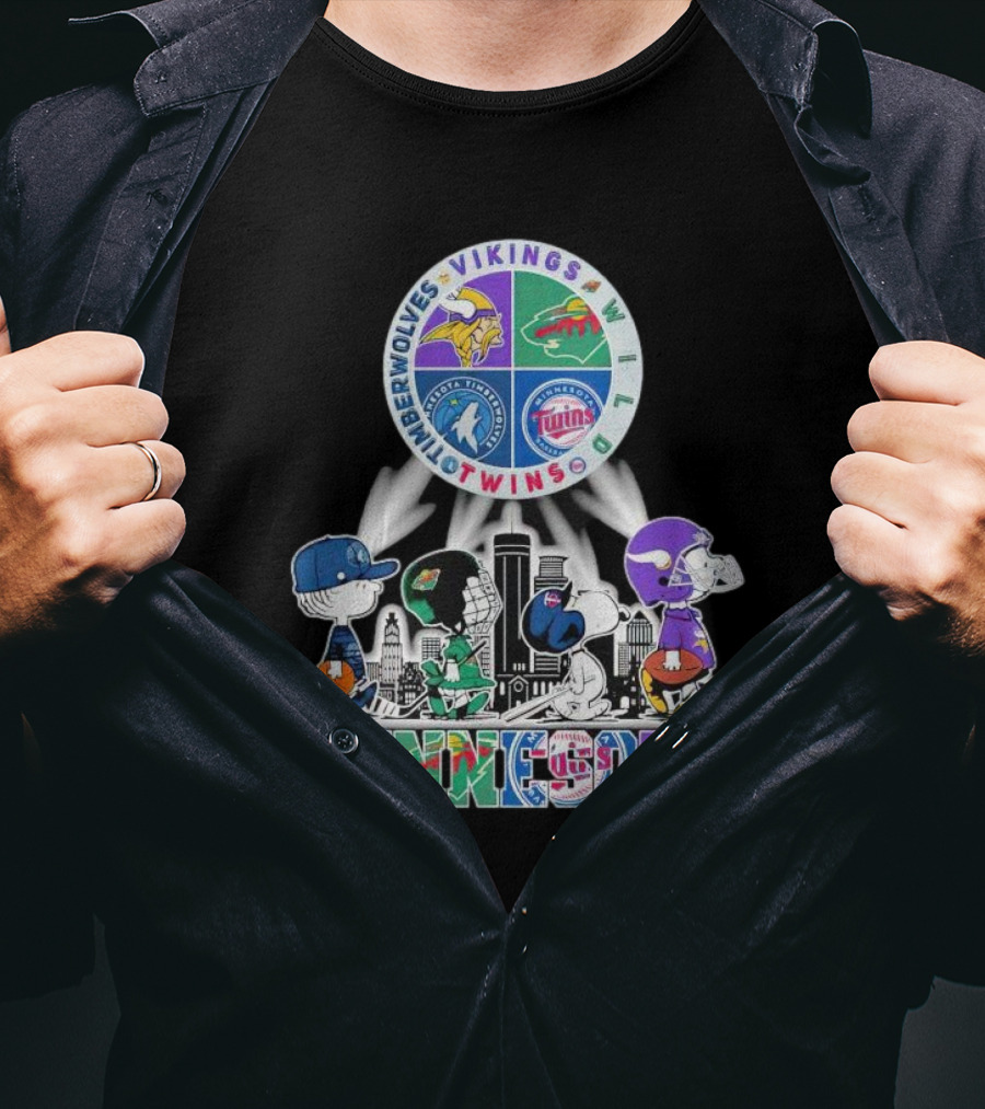 Peanuts Characters Minnesota Vikings Timberwolves Wild Twins Walking In Minnesota T-Shirt