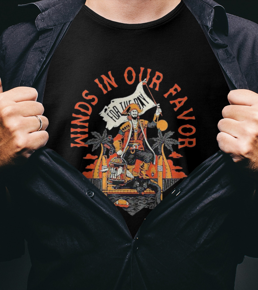 Winds In Our Favor Pirate With Flag And Parrot Tropical Scene T-Shirt