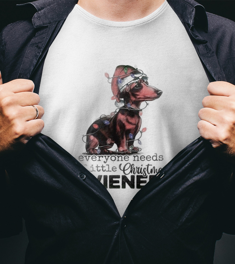 Everyone Needs A Little Christmas Wiener Dachshund With Lights And Santa Hat T-Shirt