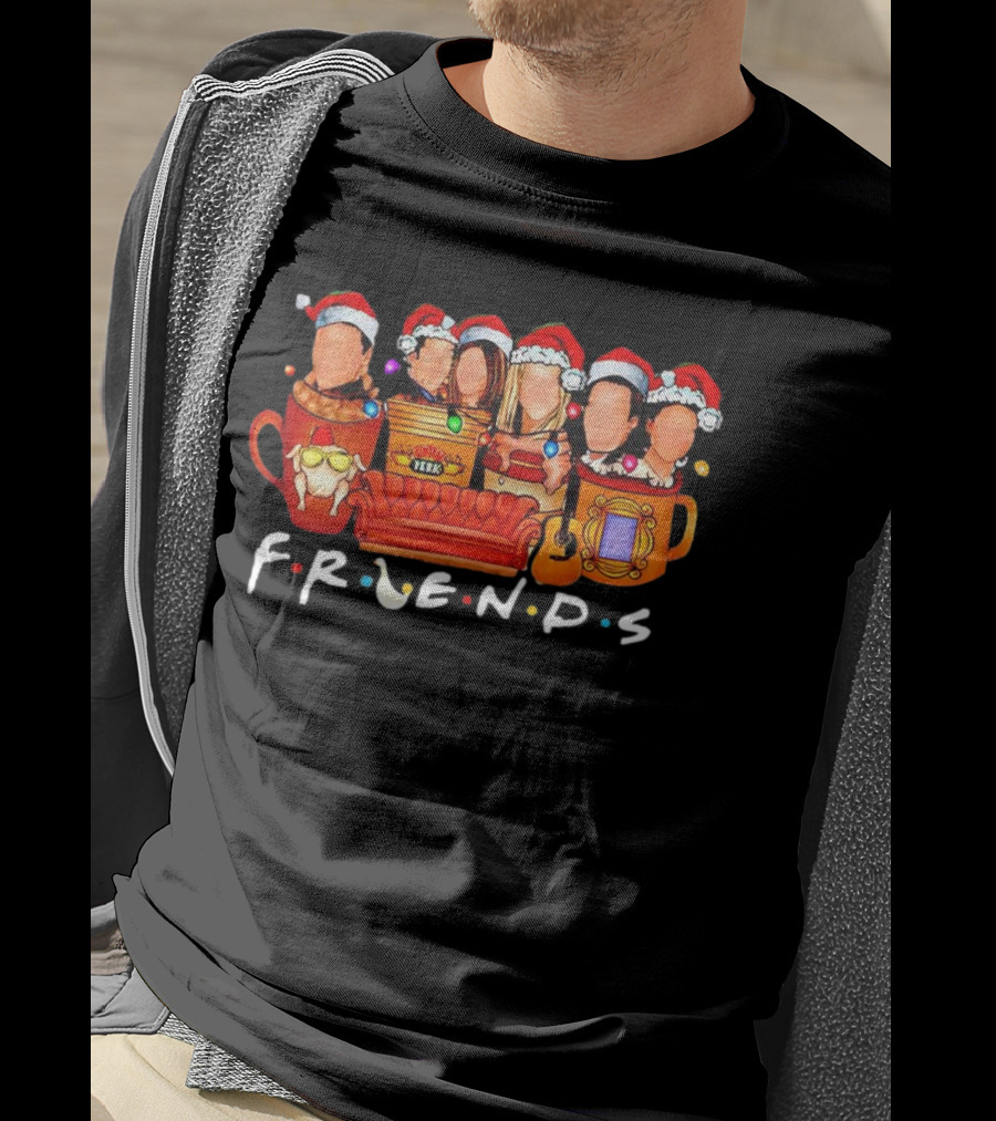 Friends Christmas Santa Hats Couch Central Perk Logo Mugs Guitar T-Shirt