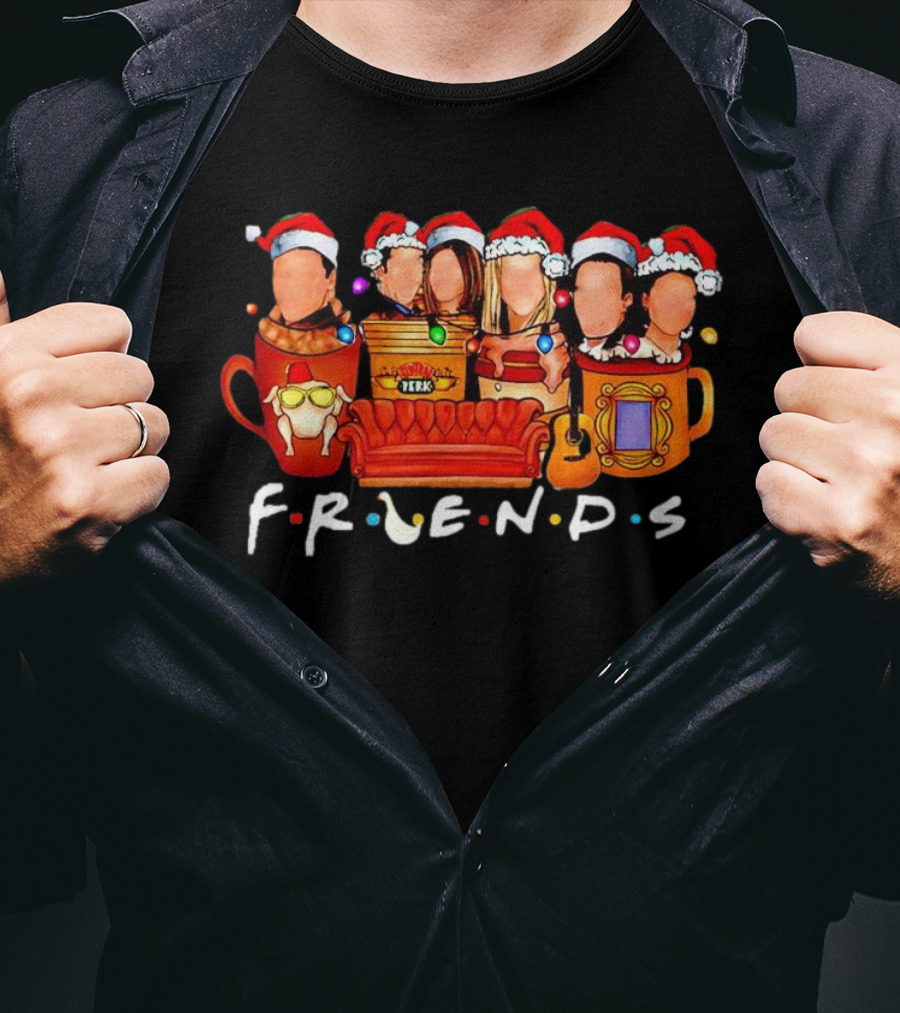 Friends Christmas Santa Hats Couch Central Perk Logo Mugs Guitar T-Shirt