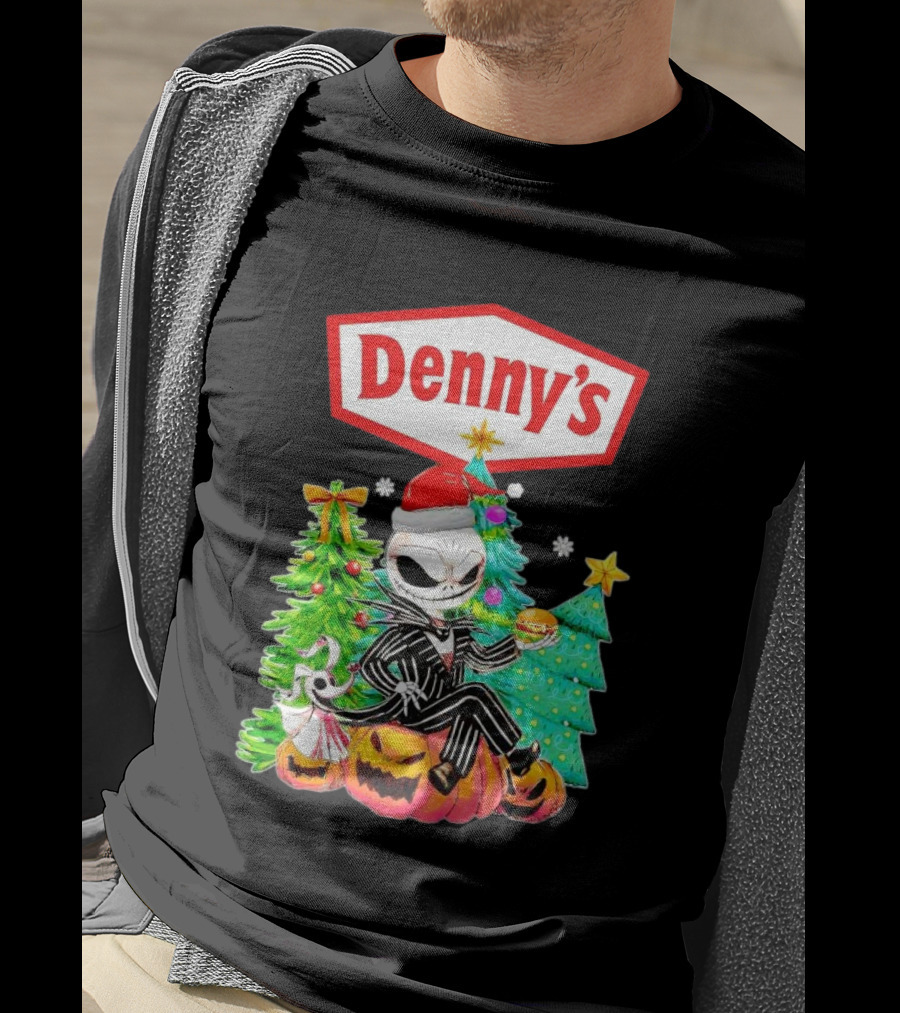 Denny’s Jack Skellington Santa Sitting On Pumpkins With Christmas Trees T-Shirt