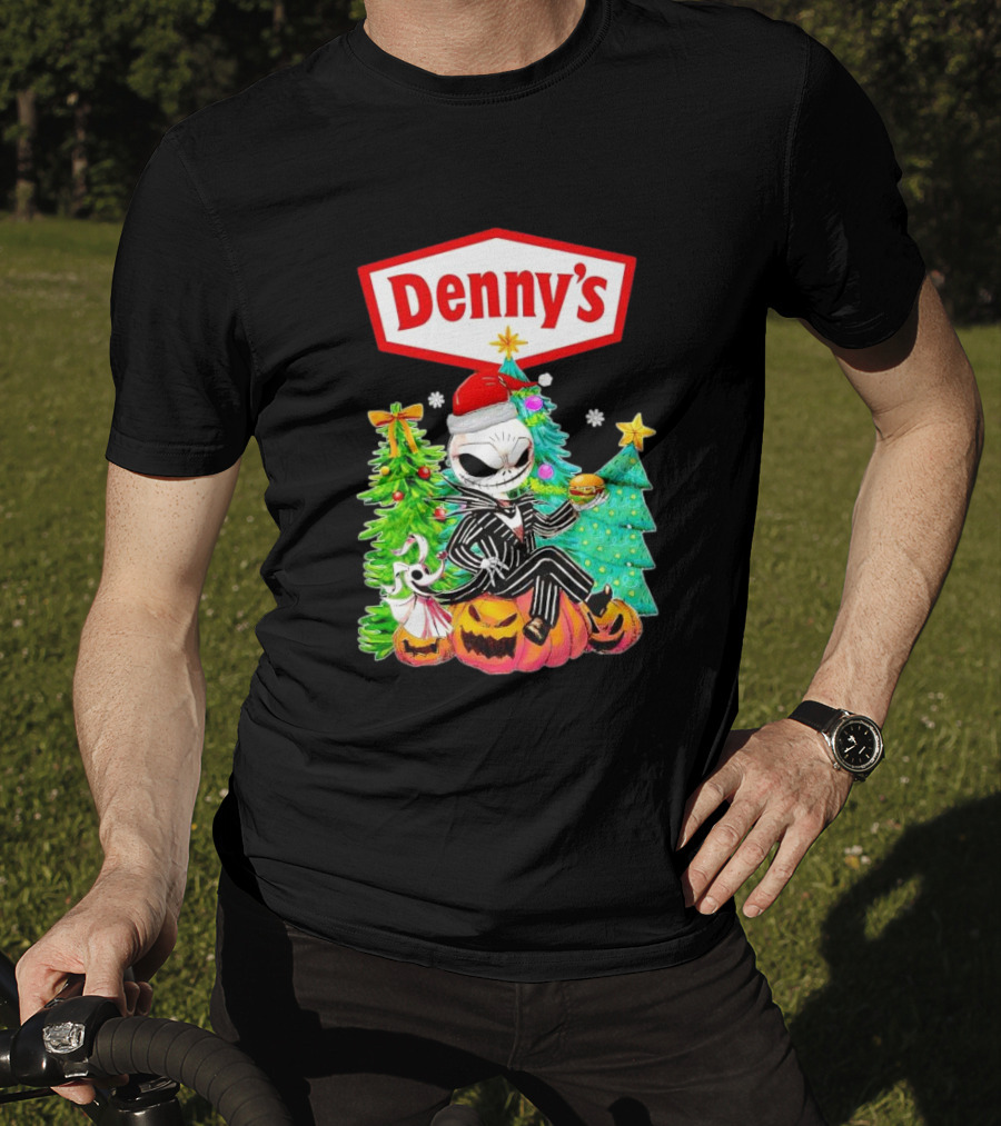 Denny’s Jack Skellington Santa Sitting On Pumpkins With Christmas Trees T-Shirt