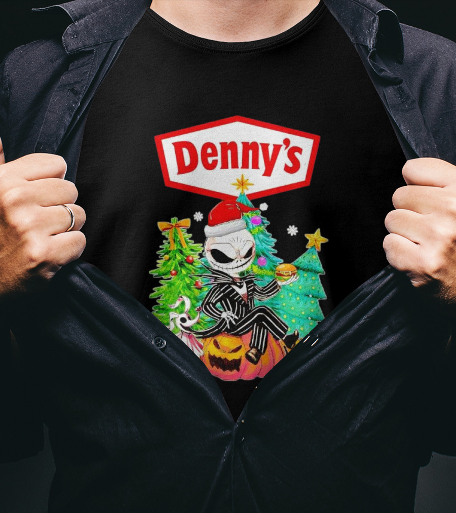 Denny’s Jack Skellington Santa Sitting On Pumpkins With Christmas Trees T-Shirt
