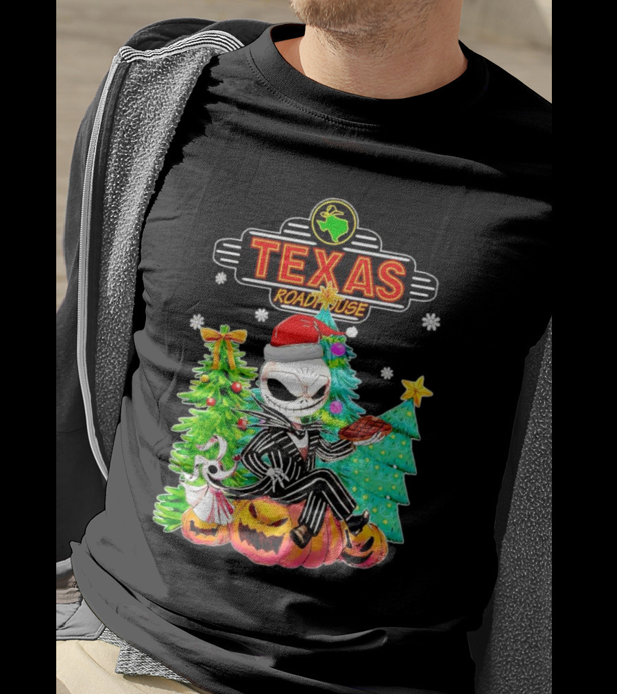 Jack Skellington Christmas With Texas Roadhouse Pumpkin And Christmas Trees T-Shirt