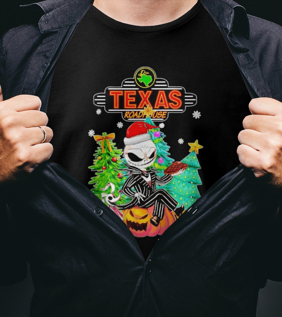 Jack Skellington Christmas With Texas Roadhouse Pumpkin And Christmas Trees T-Shirt