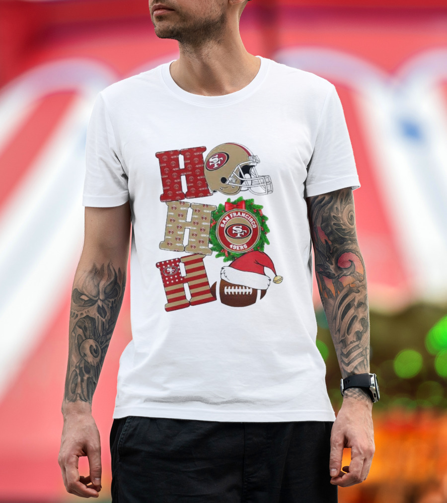 San Francisco 49ers Ho Ho Ho Merry Christmas Football Helmet Wreath Santa Hat T-Shirt